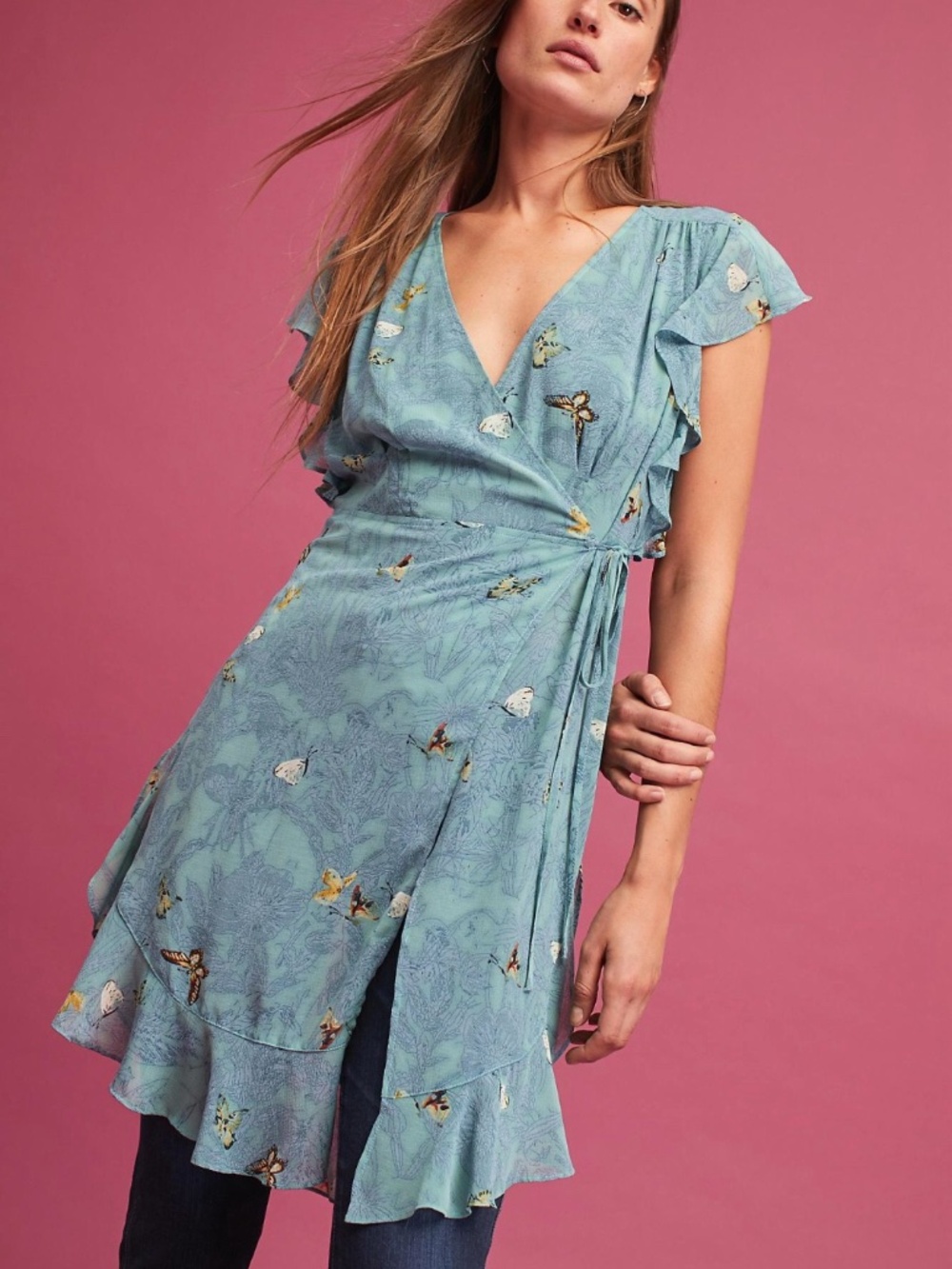 Anthropologie x Feather Bone blue butterfly ruffled wrap dress
